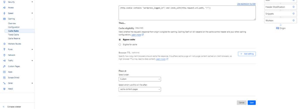 קינפוג rule לcloudflare כדי שזכרון מטמון לא יחול על admin